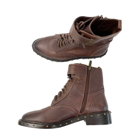 Womens Vince Camuto 6.5 Zip Leather Lace Up Booties Combat Brown Stud 6571 EUC - Picture 3 of 13